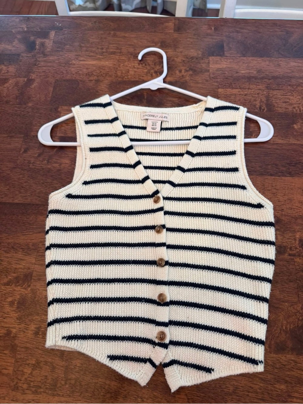 Sincerly Jules Cream and Black Striped V-Neck Button Knit Vest